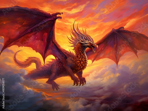 3D rendering of a fantasy dragon flying in the sky at sunset © Iman