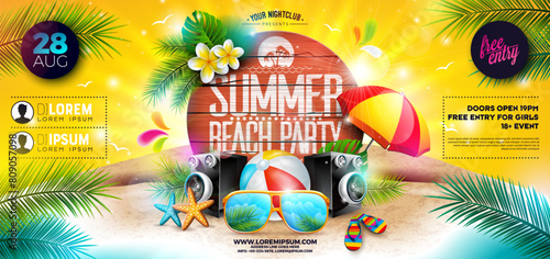 Summer Beach Party Banner Flyer Design with Sunglasses and Beach Ball on Tropical Island with Typography Lettering on Vintage Wood Board Background. Vector Summer Holiday Illustration with Exotic Palm