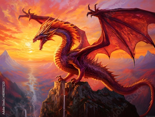 dragon at sunset - 3D render of fantasy dragon with sunset sky background