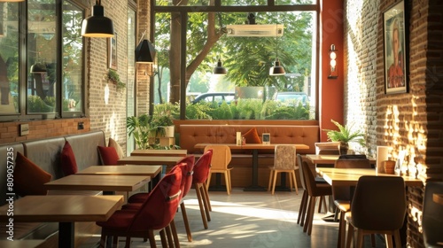 Warm sunlight filters through large windows  illuminating a cafes comfortable seating and brick wall decor.