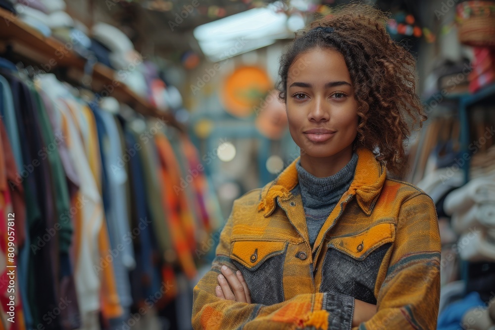 A young woman smiles warmly, exuding comfort and calm in a cozy jacket at an eclectic market A young woman smiles warmly, exuding comfort and calm in a cozy jacket at an eclectic market