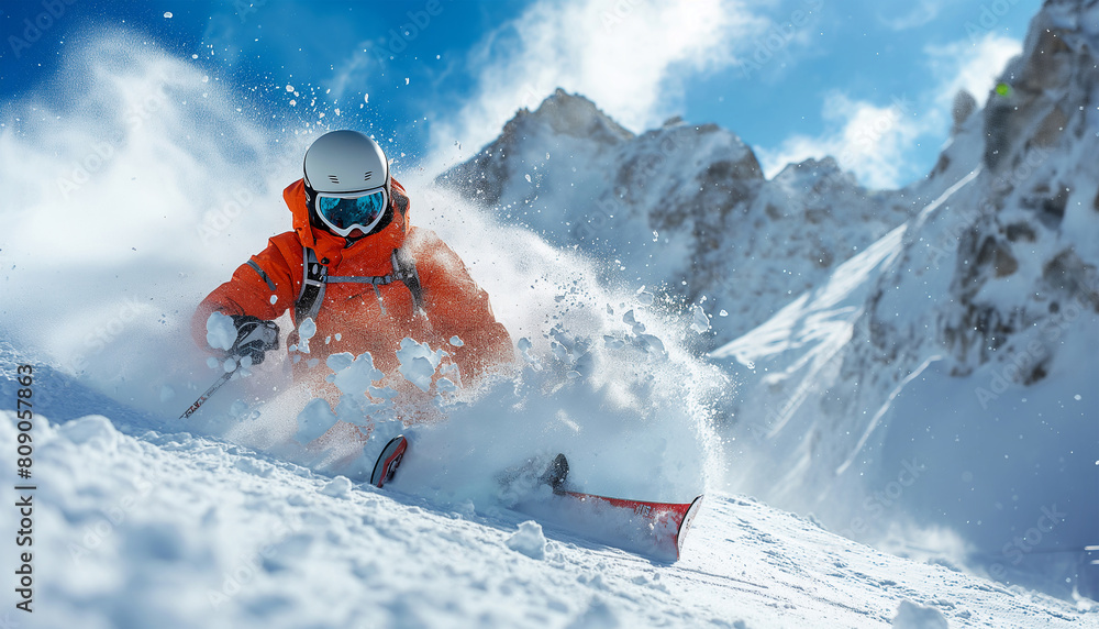 Fast moving freestyle skier in open terrain off-piste deep powder snow in the rocky high mountains dressed orange with modern skiing equipment. Extreme people leisure and activity concept. Fast moving freestyle skier in open terrain off-piste deep powder snow in the rocky high mountains dressed orange with modern skiing equipment. Extreme people leisure and activity concept.