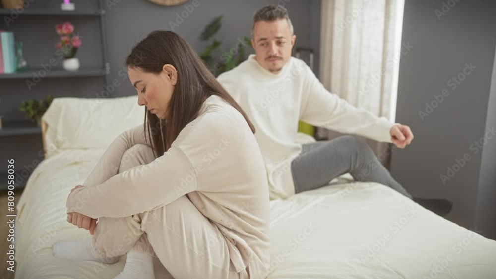 Upset woman and comforting man sitting together on a bed in a modern bedroom, reflecting on their relationship. Upset woman and comforting man sitting together on a bed in a modern bedroom, reflecting on their relationship.