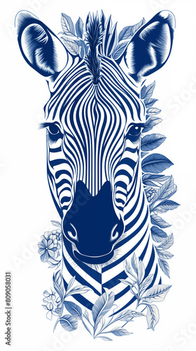 zebra with blue and white stripes and flowers on head