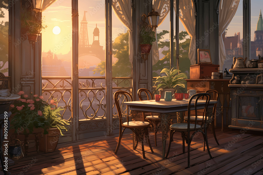 there is a table and chairs on a balcony with a view of a city