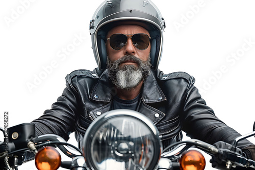 Portrait of biker looking away wearing leather jacket helmet and sunglasses on isolated transparent background