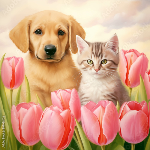 puppy and kitten in a field of tulips with a dog #809058426