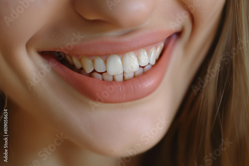 smiling woman with white teeth and a tooth brush in her mouth
