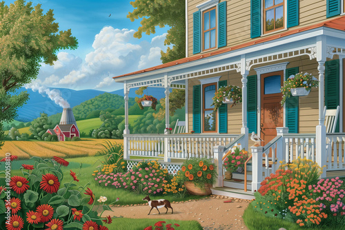painting of a country house with a dog and chickens in the yard
