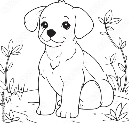 cute kawaii puppy line art coloring page, funny dog coloring page for kids, black and white drawing
