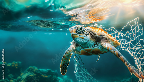 turtle entangled in a net swims in the ocean, turtle extinction, Plastic Pollution In Ocean, Environmental Problem