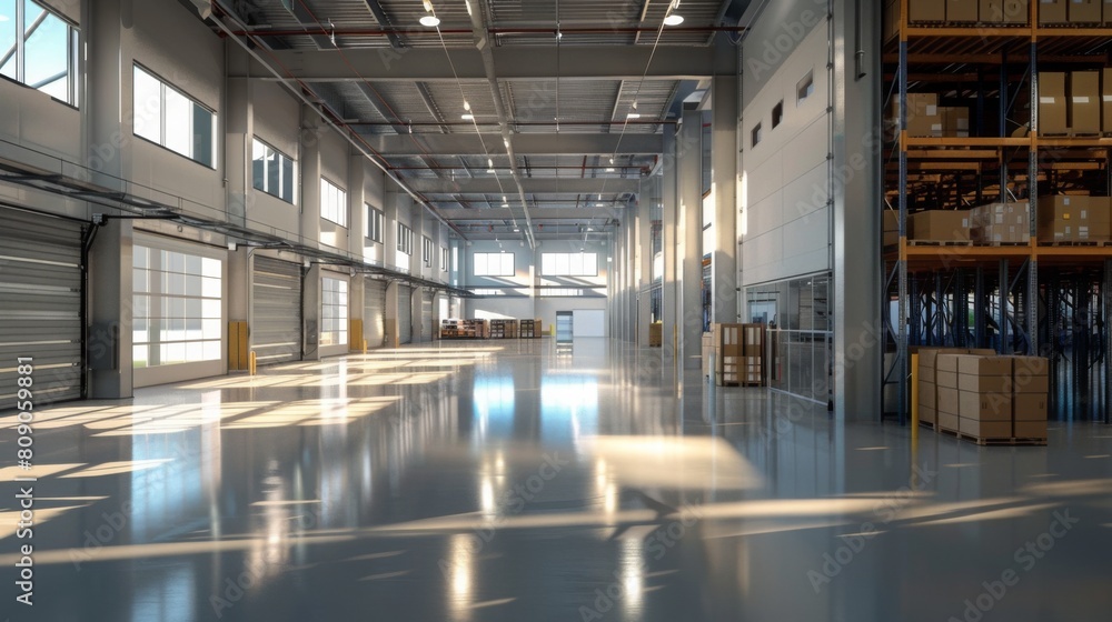 Sunlight streams into a spacious warehouse, casting reflections on the glossy floor, with boxes and pallets lined along the sides.