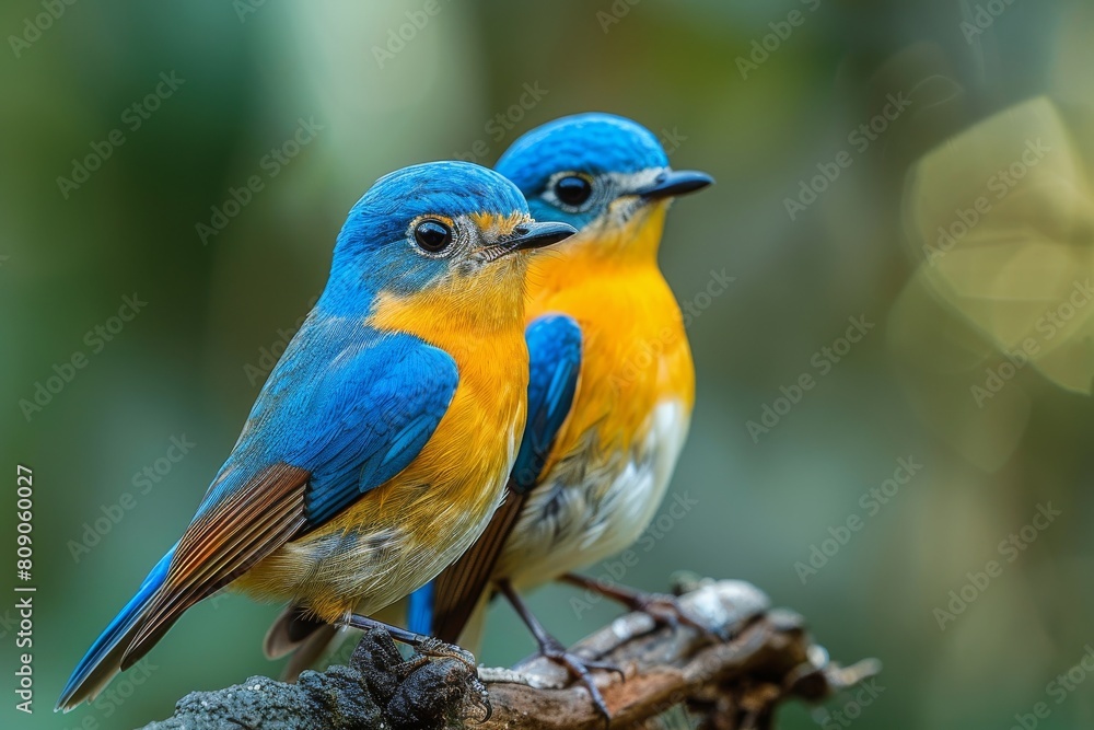 Capturing the captivating beauty of two blue and orange birds nestled together on a branch against a green bokeh background Capturing the captivating beauty of two blue and orange birds nestled together on a branch against a green bokeh background