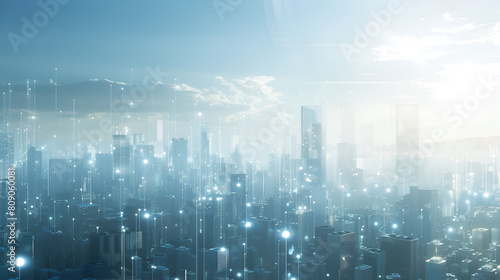 A cityscape with a light blue background and a cityscape View of a futuristic city with modern buildings 