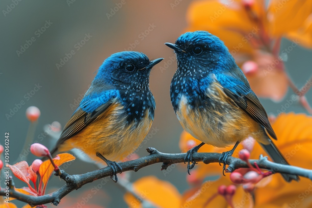 Obraz premium Close-up of blue birds with detailed feathers perched on a branch with soft orange foliage, showcasing avian beauty