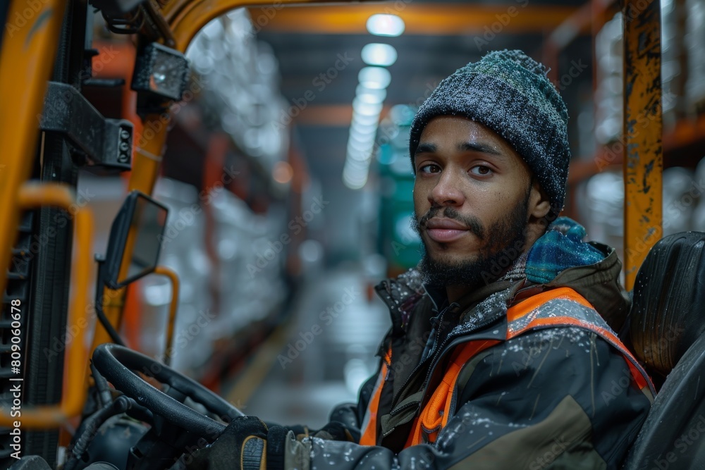 Forklift operator wearing a beanie and work coat inside a cold, industrial warehouse Forklift operator wearing a beanie and work coat inside a cold, industrial warehouse