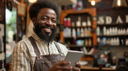 Smiling Barista with Digital Tablet