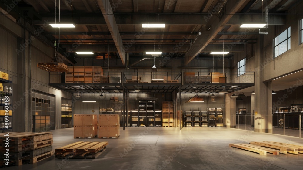 A large warehouse is packed with numerous wooden pallets, stacked high and extending across the space.