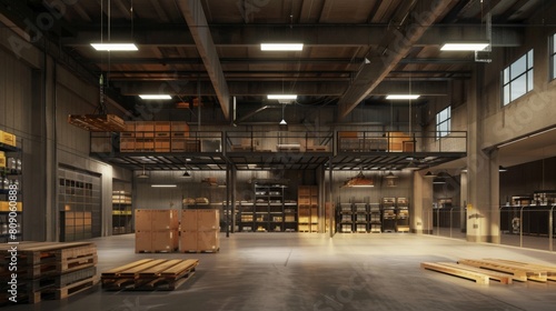 A large warehouse is packed with numerous wooden pallets, stacked high and extending across the space.