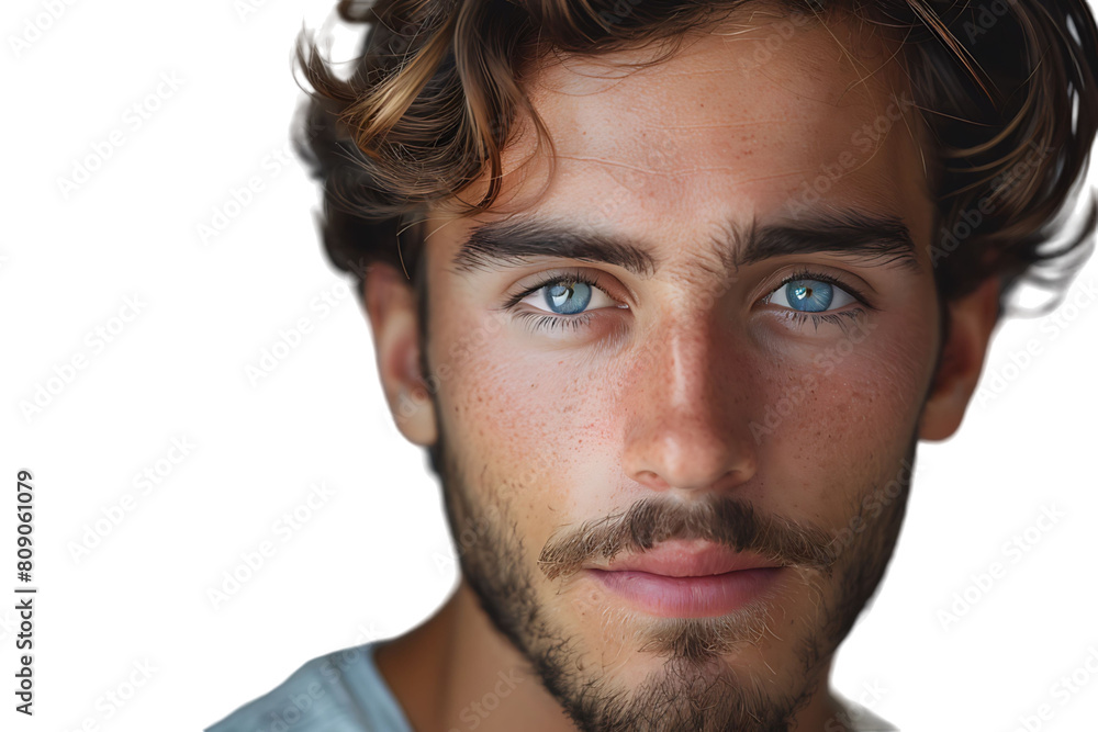 Portrait of handsome brunette man on isolated transparent background