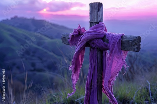 Wooden cross adorned with luxurious purple cloth, against sunset hills, evoking Lent ambiance