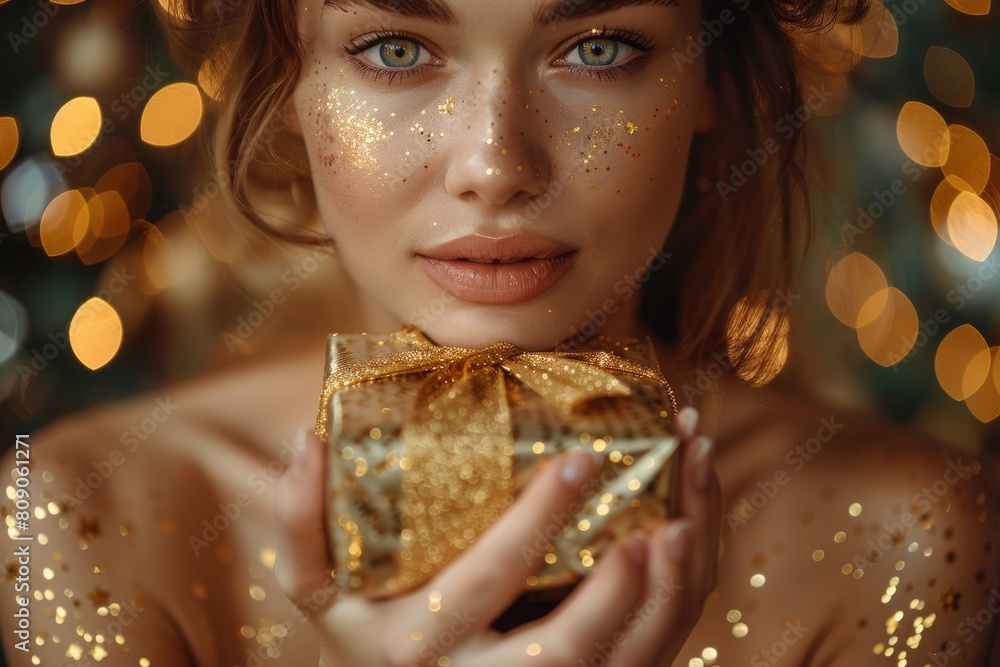 Naklejka premium Close-up of a woman's face festively adorned with golden glitter, holding a small gift