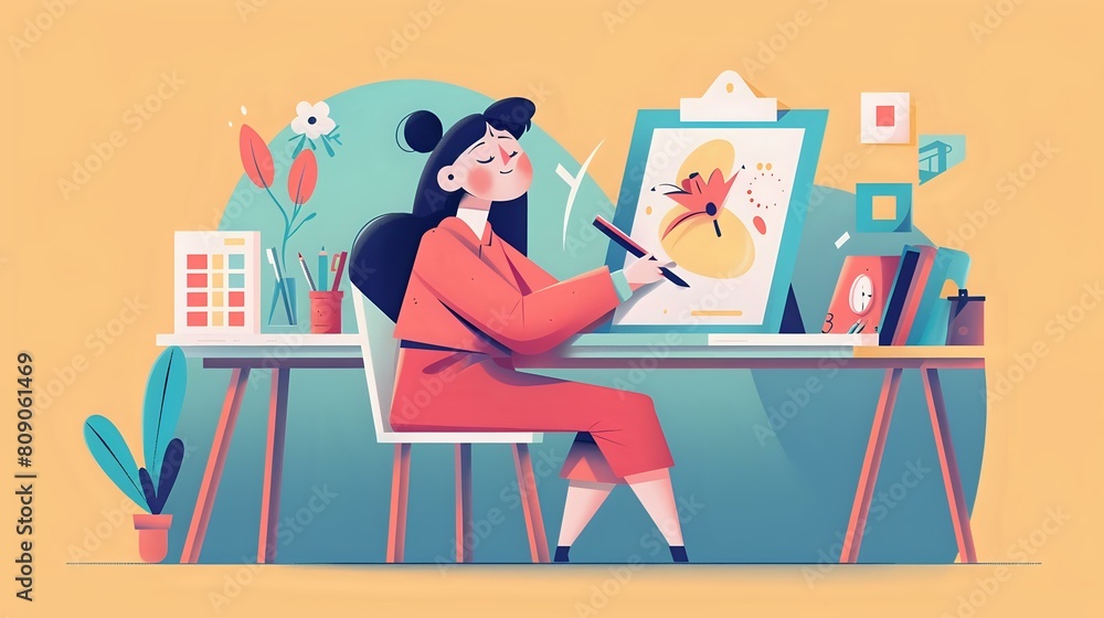 Happy woman engaged in graphic design, surrounded by tools and materials Happy woman engaged in graphic design, surrounded by tools and materials