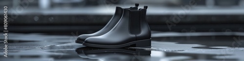 Sleek Black Chelsea Boots Reflected in Puddle Amidst Dark Moody Environment © Sittichok
