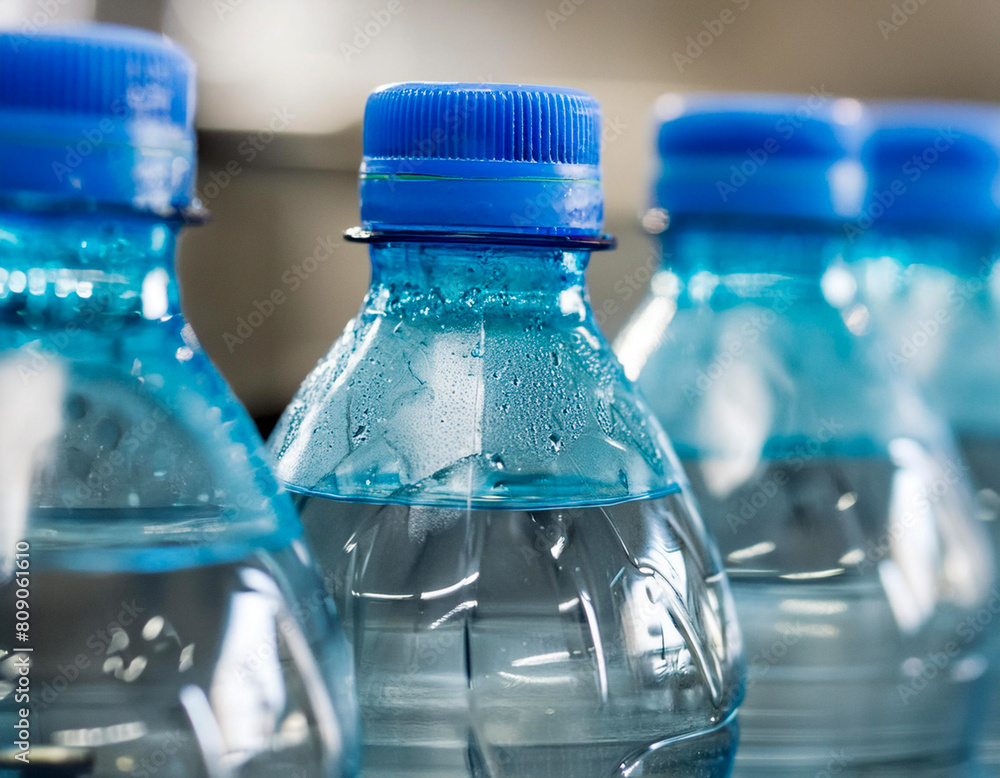 water source full plastic bottles blue of mineral water on industry production line