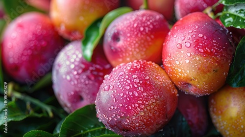 Fresh juicy mango with leaves and water drops. Healthy exotic fruits background