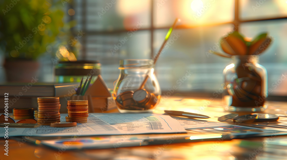 Photo realistic concept of a financial planner creating a personal budget for clients, analyzing income and expenses to set saving goals and manage discretionary spending Photo realistic concept of a financial planner creating a personal budget for clients, analyzing income and expenses to set saving goals and manage discretionary spending