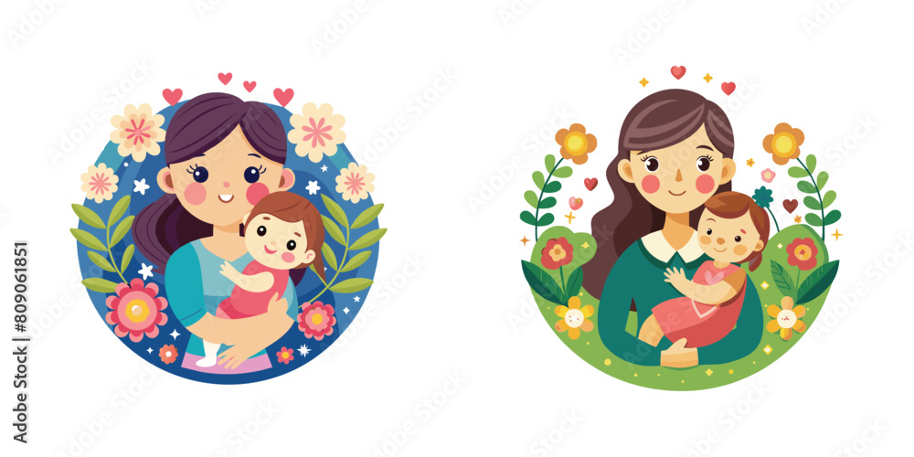 Set of Mother's Day vector illustration of mom and baby isolated on white background Set of Mother's Day vector illustration of mom and baby isolated on white background
