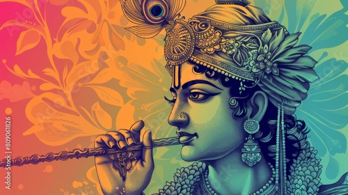 Illustration of Lord Krishna in a colorful and artistic style © Arisctur