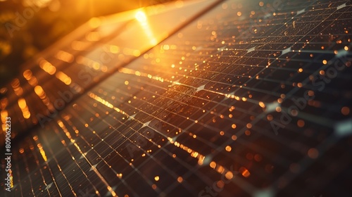 A macro shot of sunlight glistening on the surface of a solar panel, highlighting the intricate patterns of photovoltaic cells converting sunlight into electricity  photo