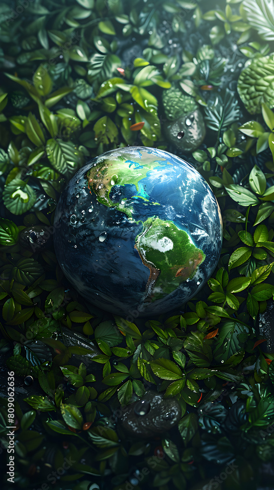 Interconnected Nature: Realistic Globe Icon Surrounded by Symbolic Elements Interconnected Nature: Realistic Globe Icon Surrounded by Symbolic Elements