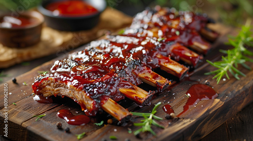 Succulent BBQ pork ribs glazed with a glossy sauce on a wooden board, garnished with herbs, ideal for summer cookouts and Independence Day celebrations