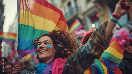 A young woman waves a rainbow flag at a Pride parade. She is surrounded by other people who are also waving flags and celebrating. The woman is smiling and looks happy.