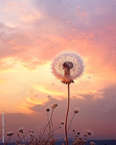 Dandelion at sunset  its silhouette forming a delicate contrast against a pastel peach sky  embodying tranquility