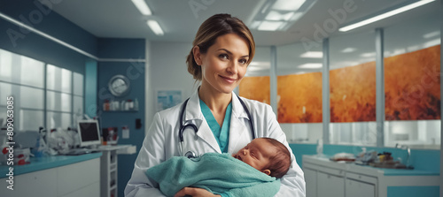 Smiling woman doctor with newborn baby in maternity hospital photo