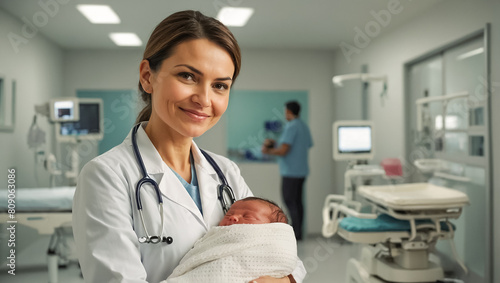 Smiling woman doctor with newborn baby in maternity hospital protection