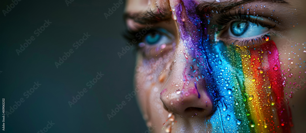 Close-up of a person with vibrant rainbow-colored face paint and tears, symbolizing LGBTQ pride and diversity concepts, suitable for Pride Month promotions Close-up of a person with vibrant rainbow-colored face paint and tears, symbolizing LGBTQ pride and diversity concepts, suitable for Pride Month promotions
