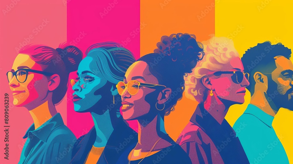 A group of diverse people wearing glasses and colorful clothing are standing together against a rainbow background. A group of diverse people wearing glasses and colorful clothing are standing together against a rainbow background.