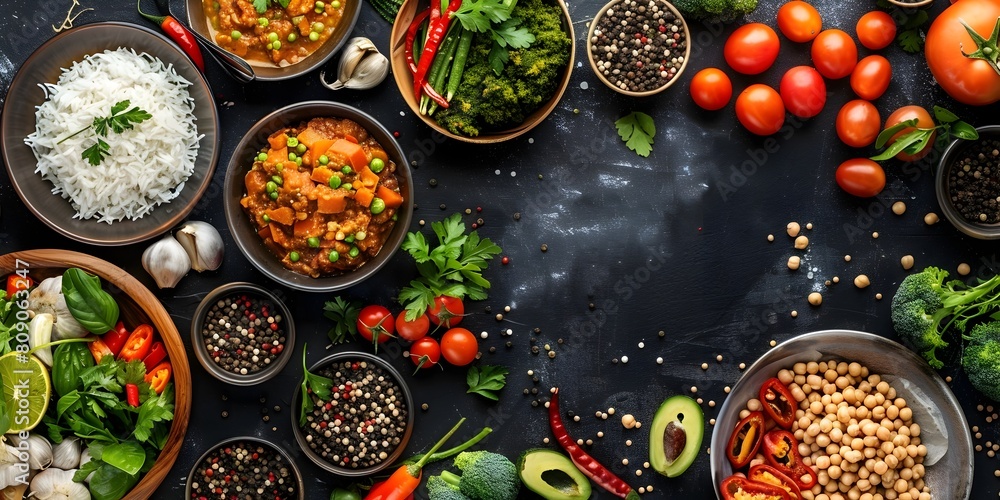 Diverse and delicious dishes from around the world presented on a rustic table with ingredients Diverse and delicious dishes from around the world presented on a rustic table with ingredients