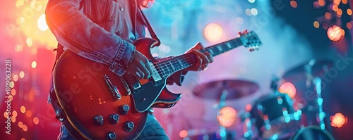 A guitarist plays an electric guitar on stage. The guitarist is wearing a blue jean jacket and the guitar is red. photo