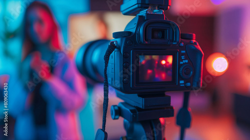 Professional DSLR camera on a tripod capturing a blurred woman in a vibrant neon-lit setting, suitable for photography workshops and World Photography Day themes photo