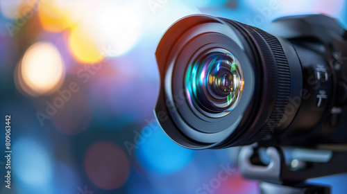 Professional DSLR camera lens close-up with colorful bokeh background  ideal for photography-themed content and World Photography Day celebrations