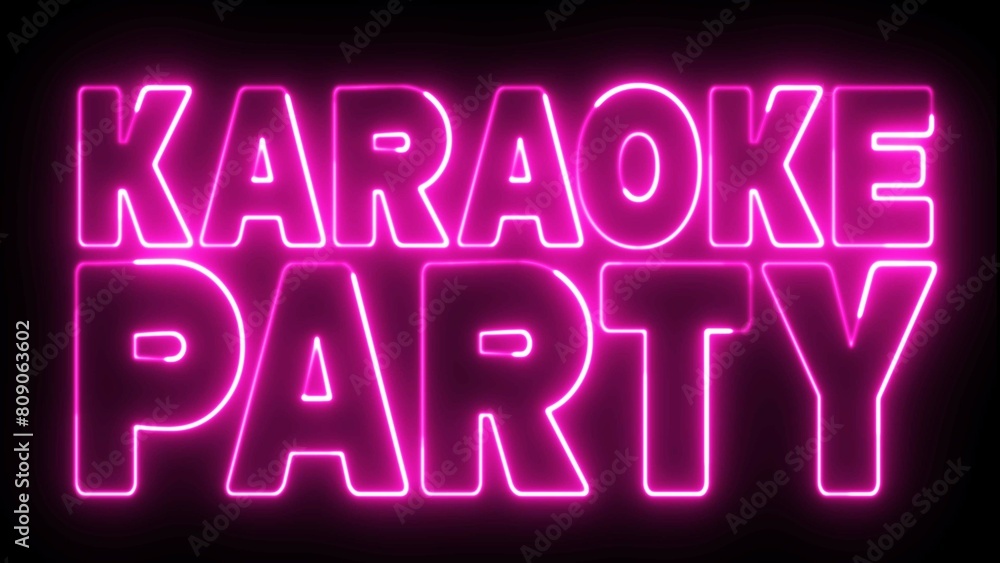 Karaoke Party text font with neon light. Luminous and shimmering haze inside the letters of the text Karaoke Party. Karaoke Party neon sign.