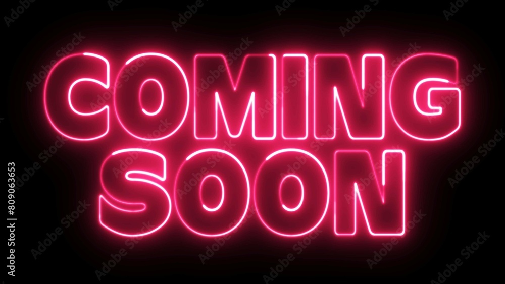 Coming soon text font with light. Luminous and shimmering haze inside the letters of the text Coming soon. Coming soon neon sign.