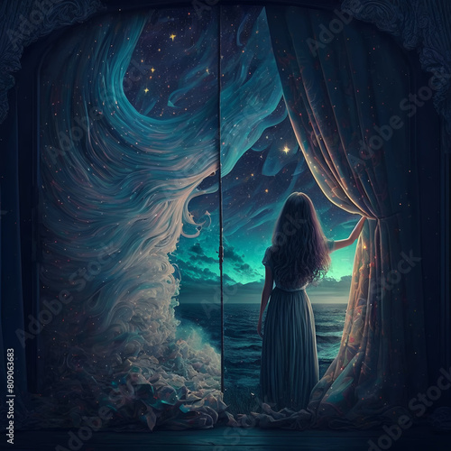 Woman holding curtains of a fantasy home