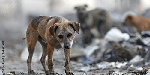 Stray dogs search for food in a garbage dump. Concept Stray Dogs  Garbage Dump  Animal Welfare  Homeless Animals  Survival
